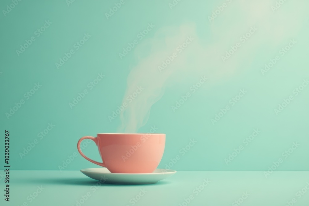 Poster a delicate tea cup sits on a saucer as gentle steam rises, creating an inviting atmosphere in a soot