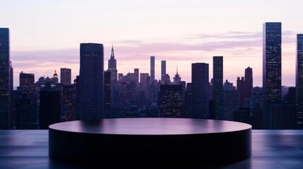 Fototapeta premium Illuminated Elegance: High-End Podium Mockup in Front of Dazzling City Skyline at Dusk, Cinematic Light Accentuating Unique Silhouette