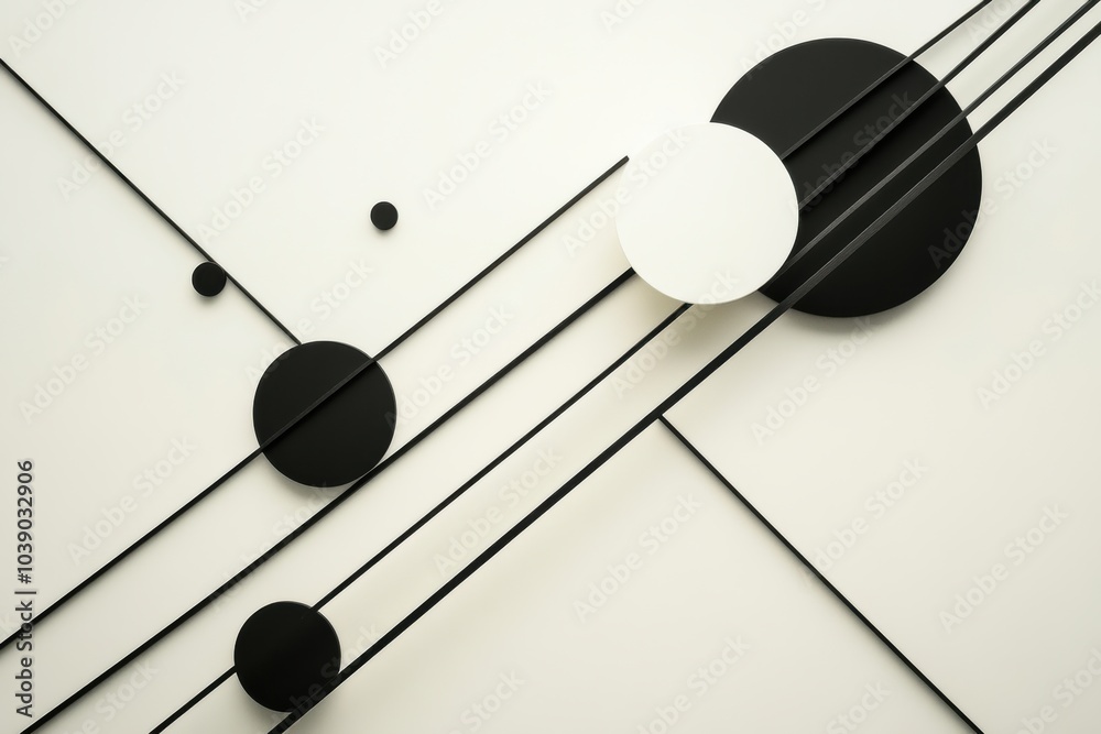 Fototapete diagonal black lines intersect with circles of varied sizes against a light backdrop, creating an ab