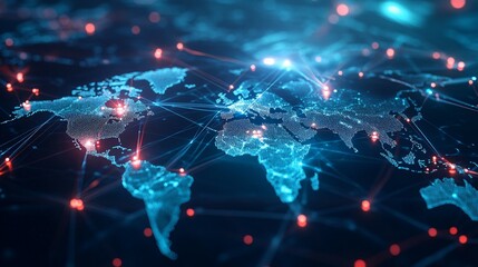 A Digital World Map with Interconnected Nodes and Red Glows