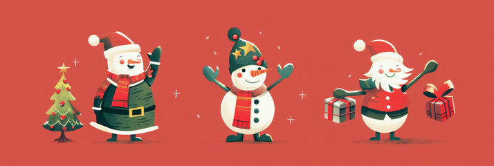 Cheerful characters celebrate the festive season on a vibrant Christmas greeting card design