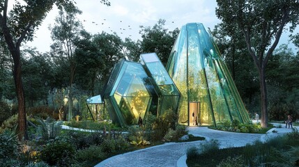 Entrepreneurs brainstorming green ideas in a solar-powered crystal castle