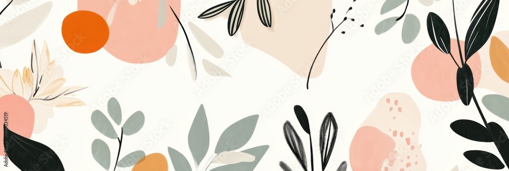 Fototapete this artwork features minimalist doodles of various leaves and flowers in soft colors, creating a se