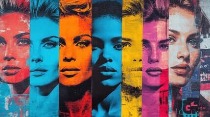 A vibrant pop art collage of iconic female portraits, celebrating diversity and femininity for International Women's Day