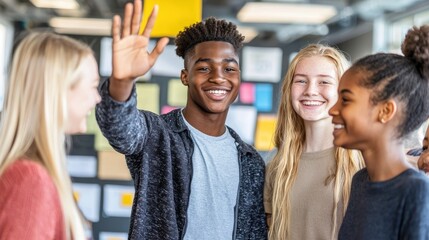 Fototapeta premium Friendly Group of Teens Smiling and Greeting Together