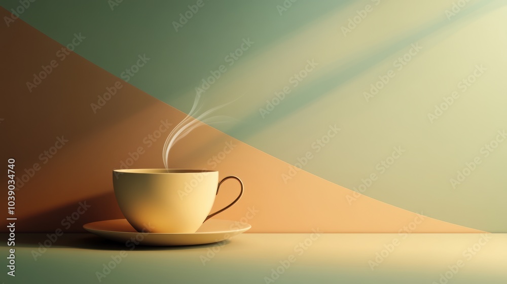 Poster a cup of tea emits smooth, delicate steam while sitting on a saucer, softly illuminated by ambient l