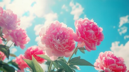 Pink Peonies Blooming Against a Bright Blue Sky
