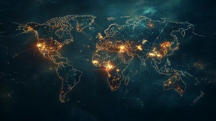 A World Map with Glowing City Lights and Interconnected Lines