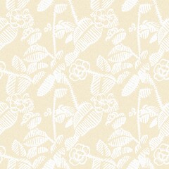 Modern white on cream lace effect wedding background texture. Soft tonal linen openwork block print with subtle hand drawn lattice damask printed fabric backdrop. 