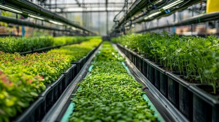 A wide-angle shot of a vertical farm producing herbs and vegetables for urban markets, with minimal environmental impact