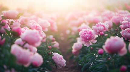 Obraz premium Pink Peonies Blooming in a Field at Sunset