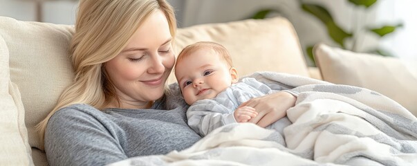 Obraz premium Tender Moment of Mother Cuddling Baby on Couch