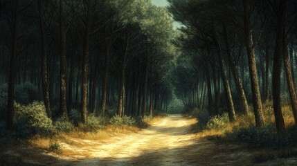 Naklejka premium A winding dirt path through a dense pine forest, with sunlight illuminating the path
