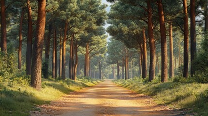 Obraz premium A Sunlit Path Through a Dense Pine Forest
