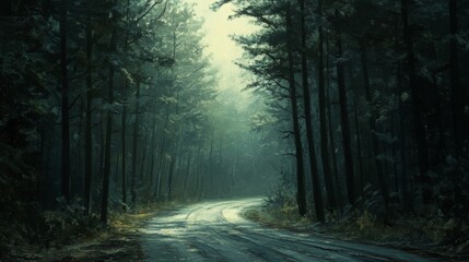 Obraz premium A Winding Road Through a Dark and Foggy Forest