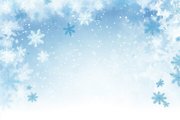 Abstract snowflakes and snow on watercolor background, pastel blue color palette