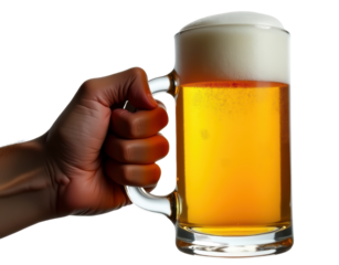Close-up image of a hand gripping a glass beer mug filled with frothy beer, set against a dark background. Symbolizing refreshment and relaxation.