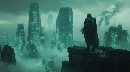 A robotic soldier cloaked in an eerie green mist standing atop a crumbling cityscape while looking up at a cyberwarfare cyberpunk ar