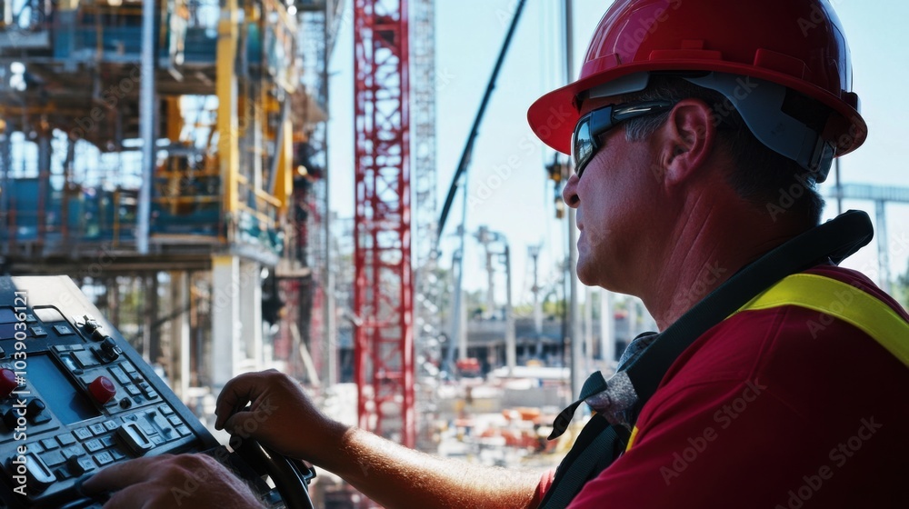 Poster a crane operator in a red hard hat and safety harness, focused on maneuvering the crane controls wit