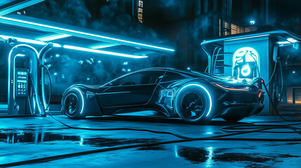 A sleek, futuristic electric vehicle charges at a glowing, high-tech charging station at night. 