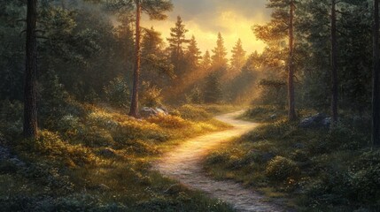 Obraz premium A Sunlit Path Through A Misty Forest