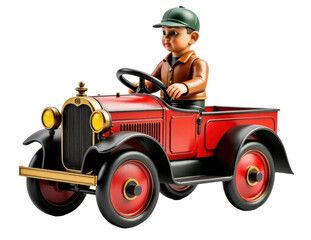 Retro-style toy car in vibrant red with a boy driver. Captures nostalgia and childhood joy. Perfect for vintage and collectible themes.