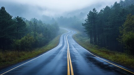 Winding Road Through Foggy Forest