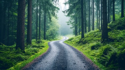 Obraz premium A Winding Road Through a Misty, Evergreen Forest