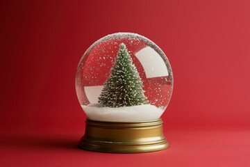 traditional snow globe with christmas tree inside on festive red background