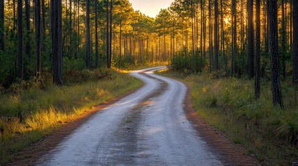 Obraz premium Winding Dirt Road Through a Pine Forest at Sunset