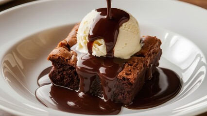 Chocolate Cake with Chocolate Ice Cream and Drizzled Chocolate Syrup