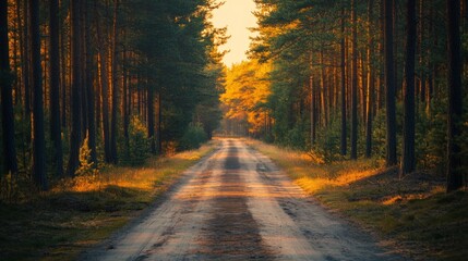 Obraz premium A Dirt Path Through a Golden-Lit Pine Forest