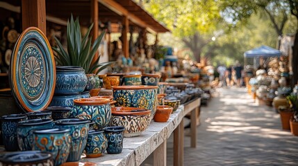 A vibrant collection of artisanal crafts highlights imaginative creativity and distinctive craftsmanship at a bustling marketplace.