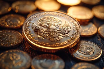 A close-up view of gold coins with an eagle emblem.