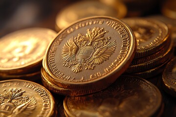 A close-up of gleaming gold coins, symbolizing wealth and prosperity.