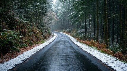 Snowy Road Winding Through a Dense Evergreen Forest