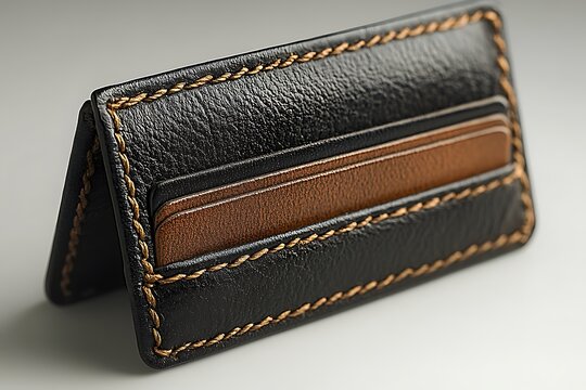 A stylish black and brown leather wallet with intricate stitching.