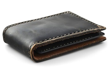 A black leather wallet isolated on a white background.