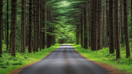 Obraz premium A Road Through a Dense Forest of Tall Pine Trees