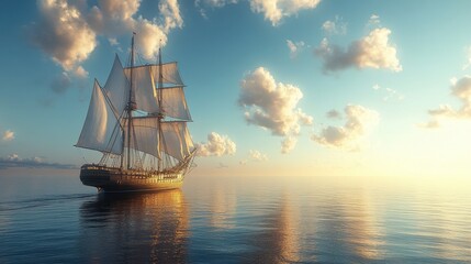 A majestic tall ship sails peacefully across the calm ocean under a clear blue sky