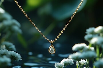 Fototapeta premium Gold necklace with a diamond pendant sparkling over a pond and white flowers.