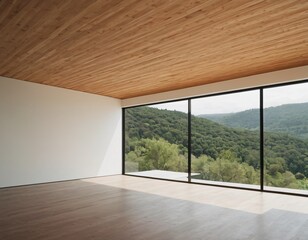 The sentence is: A modern, empty office with large glass windows offering a view of a garden, featuring wooden floors and minimalist design