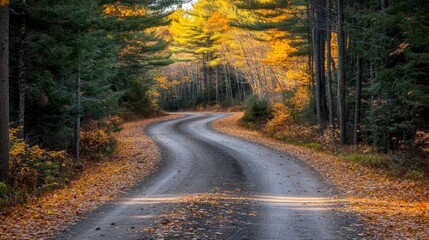 Obraz premium Winding Forest Road with Autumn Leaves