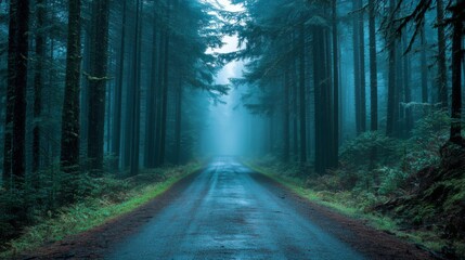 Fototapeta premium A Foggy Forest Road Through Dense Trees