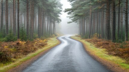 Obraz premium Winding Road Through a Foggy Pine Forest