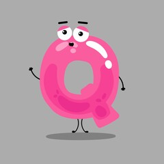 Cartoon alphabet font  Q,cute funny character for kids , Q vector image. Happy smiling alphabet with face .