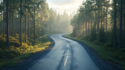 Fototapeta premium Winding Road Through a Misty Forest at Dawn