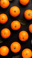 Top view of fresh oranges on black background with few green leaves. Bright vertical banner