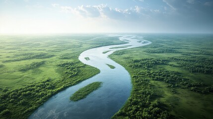 aerial view of a river delta with lush green vegetation and winding waterways Generative AI