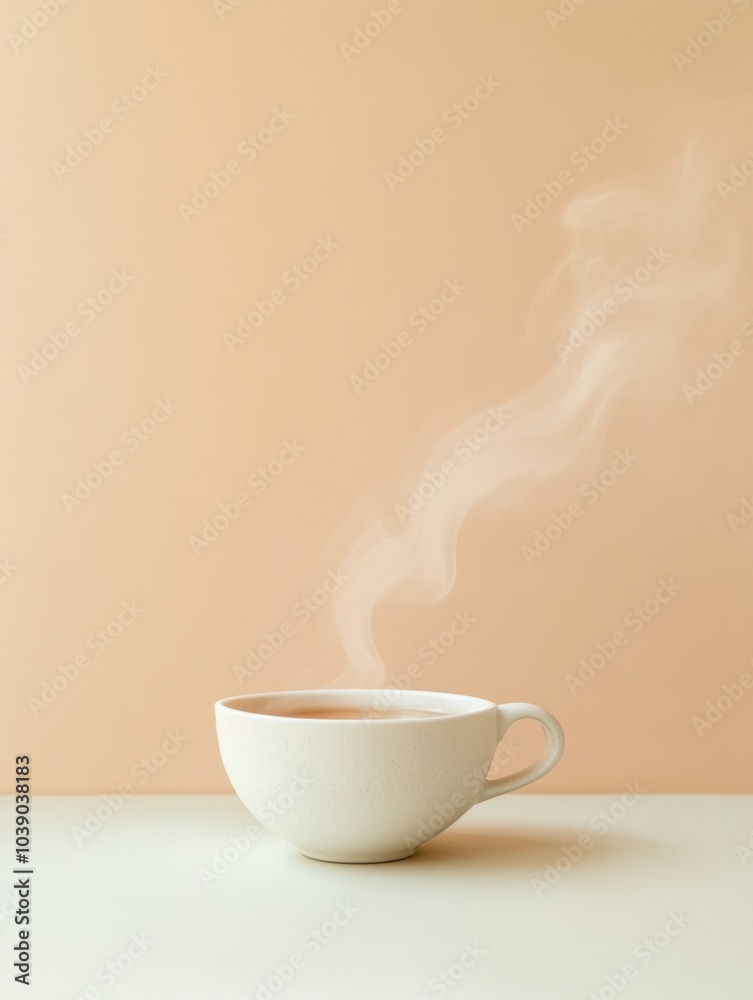 Poster a delicate cup of hot tea emits softly curling steam, set on a minimalist surface with a warm pastel